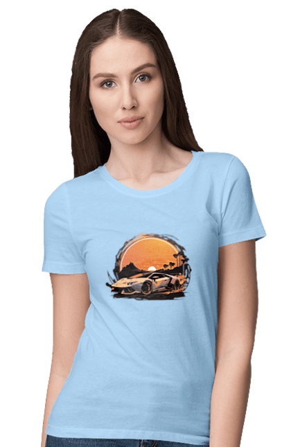 Women`s t-shirt with prints Lamborghini at sunset. Car, cars, lamba, lamborghini, lamborghini at sunset. 2070702