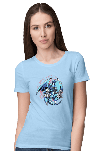 Women's t-shirt with prints Yu Gi Oh! Blue Eyes Toon Dragon. Anime, blue-eyes toon dragon, cards, dragon, game, manga, yu gi oh. 2070702