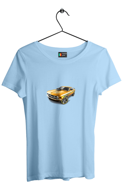 Футболка жіноча з принтом "Форд мустанг". Американська легенда, жовтий мустанг, культове авто, мустанг, потужне авто, форд мустанг, шелбі. 2070702