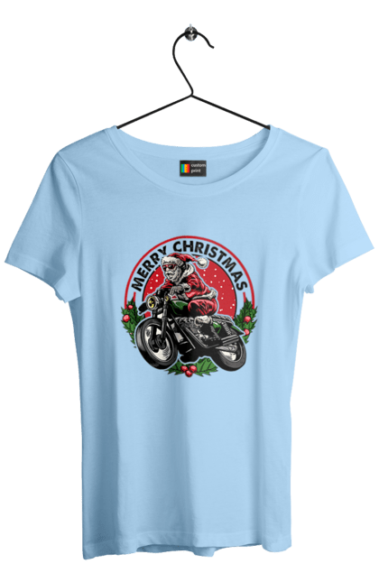 Футболка жіноча з принтом "Щасливого Різдва, дід мороз на мотоциклі". 2022, дід мороз, зима, мотоцикл, новий рік, подарунки, різдво, санта, сніг. 2070702