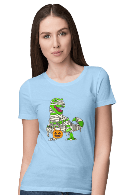 Women's t-shirt with prints Halloween Dinosaur. Costume, dinosaur, halloween, holiday, october, october 31, pumpkin, sweets, trick or treat. 2070702