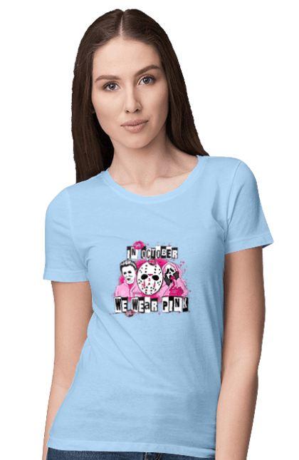 Women's t-shirt with prints In October we wear pink. Costume, halloween, holiday, horror, october, october 31, pink, villains. 2070702