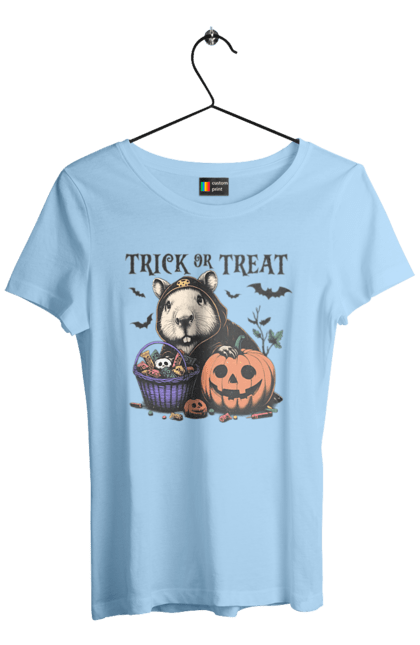 Women's t-shirt with prints Capybara Halloween. Animal, capybara, halloween, holiday, moon, pumpkin, rodent. 2070702