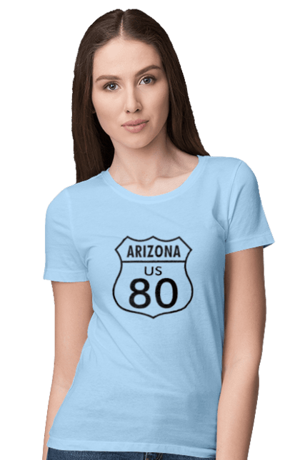 Women`s t-shirt with prints Route 80. Bike, biker, biker club, bikers club, brother, brutal, dude, hot asphalt, hot horse, hot rod, motorcycle, motorcyclist, real man, road 50, road 66, road 80, roads of america, roads of ukraine, roads we choose, speed, take, thirst for speed. 2070702