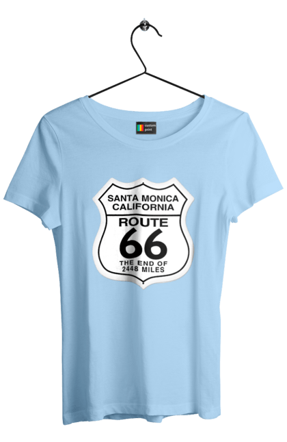 Women`s t-shirt with prints Route 66. Bike, biker, biker club, bikers club, brother, brutal, dude, hot asphalt, hot horse, hot rod, motorcycle, motorcyclist, real man, road 50, road 66, road 80, roads of america, roads of ukraine, roads we choose, speed, take, thirst for speed. 2070702