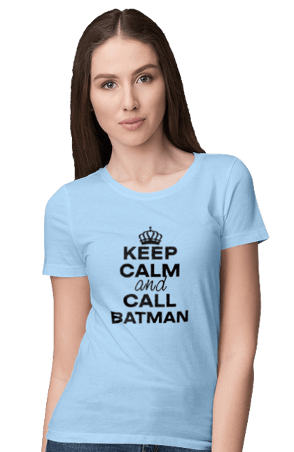 Футболка жіноча з принтом "Keep Calm and Call Batman чорна". Бетмен, з написами, зберігай спокій, меми, популярні, прикольні. 2070702