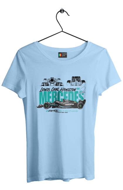 Women's t-shirt with prints Mercedes AMG Petronas F1 Team. Amg petronas, bolide, f1 team, formula 1, mercedes, motorsport, race, racing car, sport. 2070702