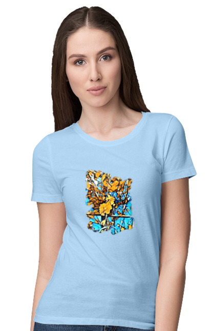 Women`s t-shirt with prints Yellow flowers on a blue background. Art, blue and yellow, blue yellow, drawing, flowers, nature, yellow and blue, yellow blue, yellow flowers. 2070702
