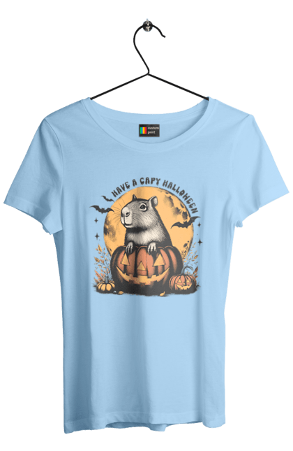 Women's t-shirt with prints Capybara Halloween. Animal, capybara, halloween, holiday, moon, pumpkin, rodent. 2070702