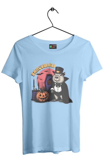 Women's t-shirt with prints Capybara Halloween. Animal, capybara, ghost, halloween, holiday, moon, pumpkin, rodent, vampire. 2070702