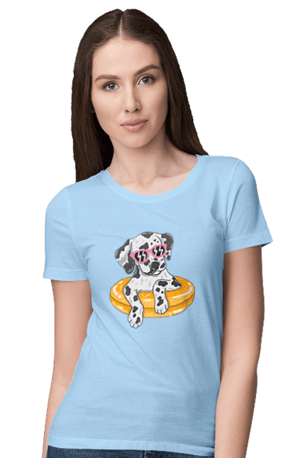 Women`s t-shirt with prints Dalmatian Swims In A Circle. Dalmatian, dog, glasses, to swim. 2070702
