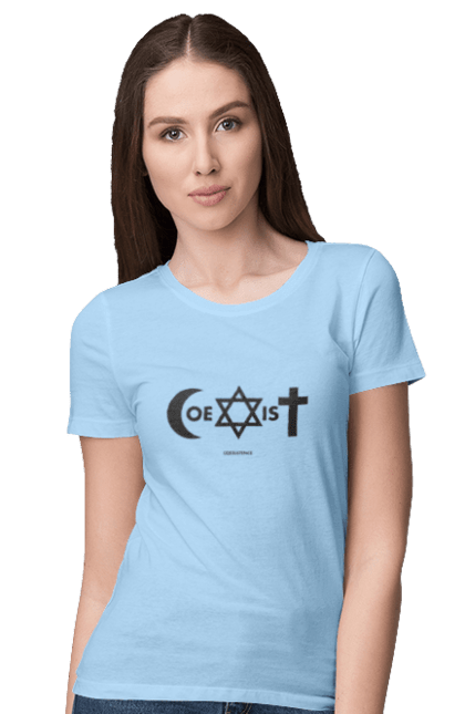 Футболка жіноча з принтом "Coexist". Coexist, іслам, іудаїзм, міжрелігійний діалог, релігія, рівність, символи віри, толерантність, християнство. 2070702