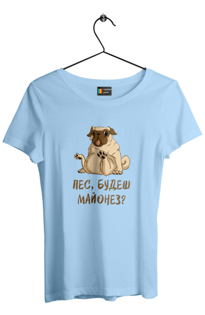 Футболка жіноча з принтом "Пес, будеш майонез". Лапа, майонез, мопс, пес, пес будеш майонез, собака. 2070702