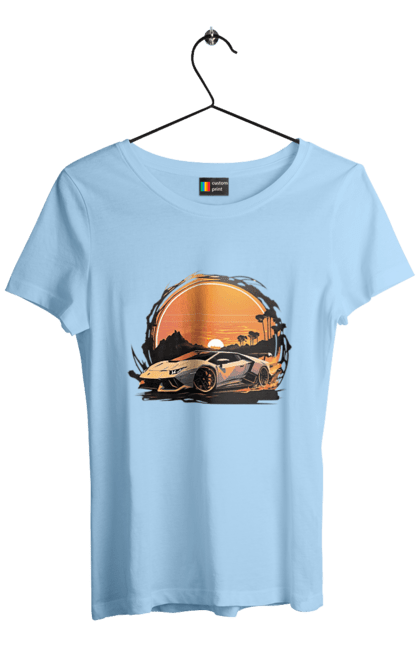 Women`s t-shirt with prints Lamborghini at sunset. Car, cars, lamba, lamborghini, lamborghini at sunset. 2070702