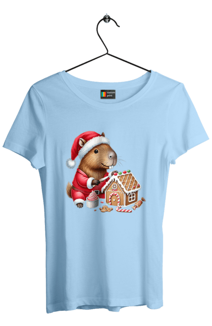 Women's t-shirt with prints Capybara builds a gingerbread house. Animal, capybara, christmas, christmas capybara, gift, gingerbread, gingerbread house, holiday, new year, new year`s gift. 2070702