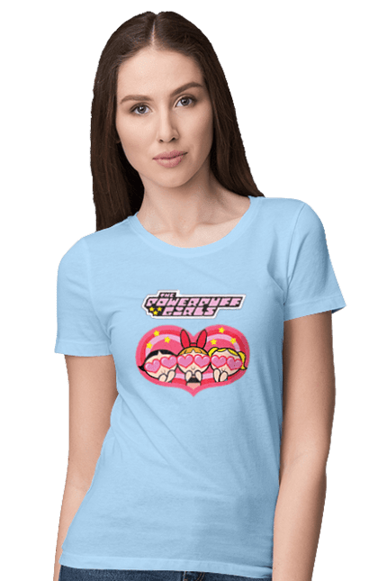 Women's t-shirt with prints Powerpuff Girls. Animated series, blossom, bubbles, buttercup, cartoon network, cool girls, heart, powerpuff girls. 2070702