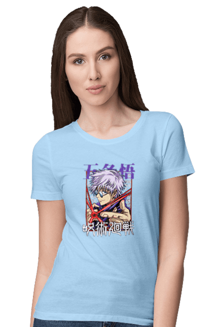 Women`s t-shirt with prints Jujutsu Kaisen Gojo. Anime, dark fantasy, gojo, jujutsu kaisen, magic battle, manga, mystic. 2070702
