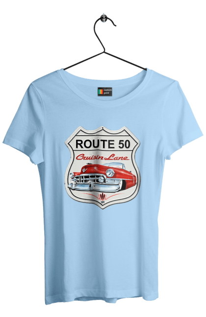Women`s t-shirt with prints Route 50. Bike, biker, biker club, bikers club, brother, brutal, dude, hot asphalt, hot horse, hot rod, motorcycle, motorcyclist, real man, road 50, road 66, road 80, roads of america, roads of ukraine, roads we choose, speed, take, thirst for speed. 2070702