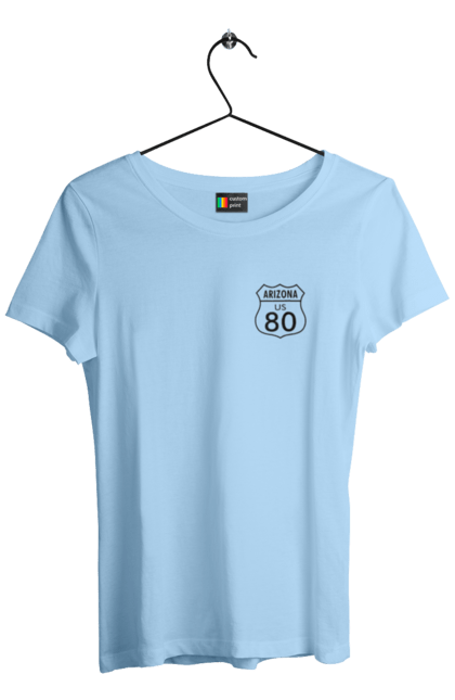 Women`s t-shirt with prints Route 80. Bike, biker, biker club, bikers club, brother, brutal, dude, hot asphalt, hot horse, hot rod, motorcycle, motorcyclist, real man, road 50, road 66, road 80, roads of america, roads of ukraine, roads we choose, speed, take, thirst for speed. 2070702