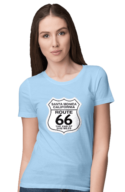 Women`s t-shirt with prints Route 66. Bike, biker, biker club, bikers club, brother, brutal, dude, hot asphalt, hot horse, hot rod, motorcycle, motorcyclist, real man, road 50, road 66, road 80, roads of america, roads of ukraine, roads we choose, speed, take, thirst for speed. 2070702