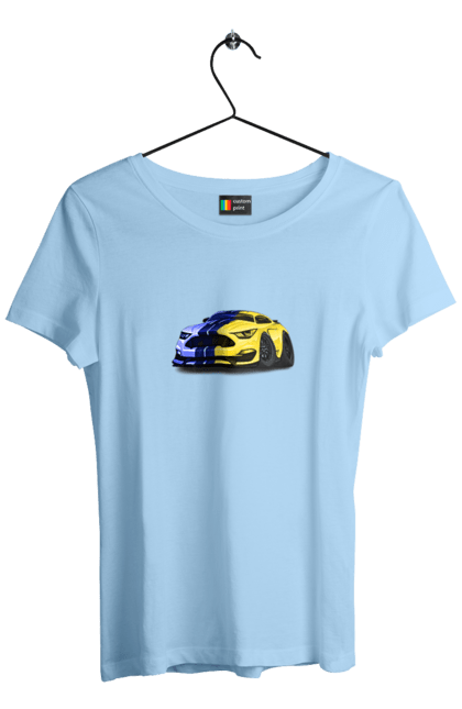 Women`s t-shirt with prints Ukrainian mustang. Colors of ukraine, ford mustang, machine, mustang, shelby, supercar, yellow blue car. 2070702
