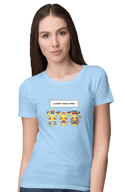 Women`s t-shirt with prints Pikachu Merry Christmas. Anime, christmas, game, manga, merry christmas, nintendo, pikachu, pokemon. 2070702