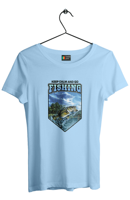 Футболка жіноча з принтом "Keep Calm and Go Fishing". Відпочинок на природі, для рибалок, для чоловіків, мисливці та риболови, природа, рибалка, риболовля, спінінг, хоббі. 2070702
