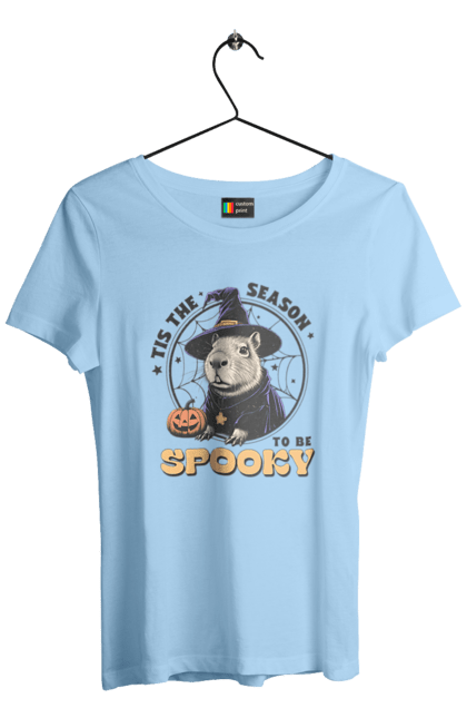 Women's t-shirt with prints Capybara Halloween. Animal, capybara, ghost, halloween, holiday, moon, pumpkin, rodent, witch. 2070702