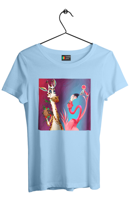 Women`s t-shirt with prints Giraffe And Flamingo At The Party. Cocktail, flamingo, food, giraffe. 2070702