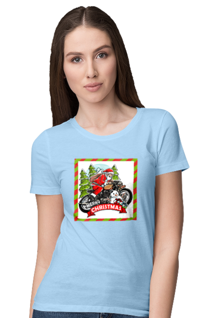 Women`s t-shirt with prints Santa on a motorcycle. Christmas, motorcycle, new year, presents, santa, snowman, tree. 2070702