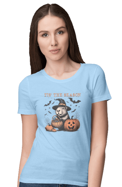 Women's t-shirt with prints Capybara Halloween. Animal, capybara, ghost, halloween, holiday, moon, pumpkin, rodent, witch. 2070702