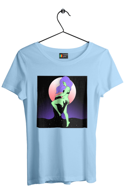 Футболка жіноча з принтом "Зелена Дівчина І Місяць". Інопланетянка, місяць. 2070702