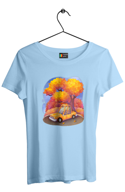 Футболка жіноча з принтом "Осiнь Авто Дерево". Дерево, жовтий мила ілюстрація, машина, осінь, помаранчевий. 2070702
