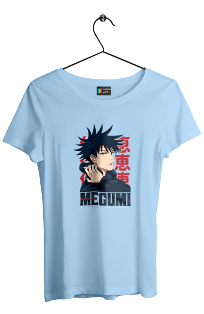 Women's t-shirt with prints Jujutsu Kaisen Megumi. Anime, dark fantasy, fushiguro, fushiguro megumi, jujutsu kaisen, magic battle, manga, megumi, mystic. 2070702