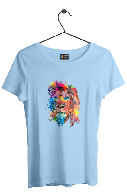 Women`s t-shirt with prints Lion of paint. Colorful lion, coloring, holiday lion, holly, indian lion, lion, lion and holly, paints. 2070702