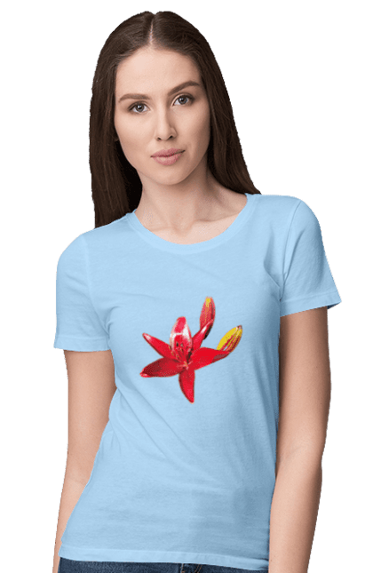 Women`s t-shirt with prints Red lily. Bright, bud, buds, color, flower, lily, nature, red, red flower, red lily, sunny. 2070702
