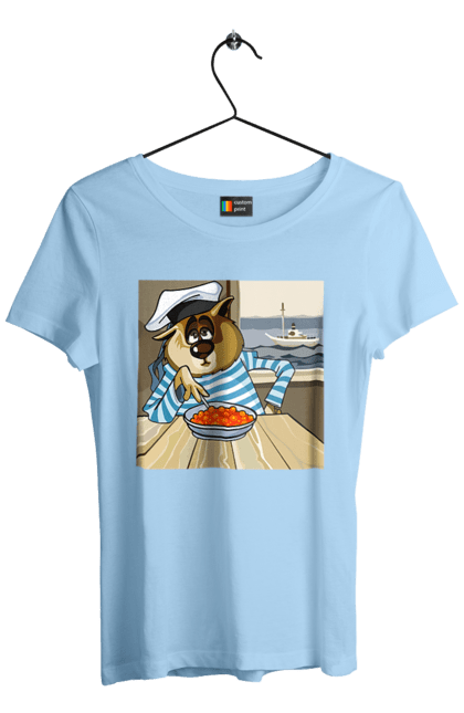 Women`s t-shirt with prints Cat Sailor, On The Ship Eats Red Caviar. Cat, caviar, sailor, ship. 2070702