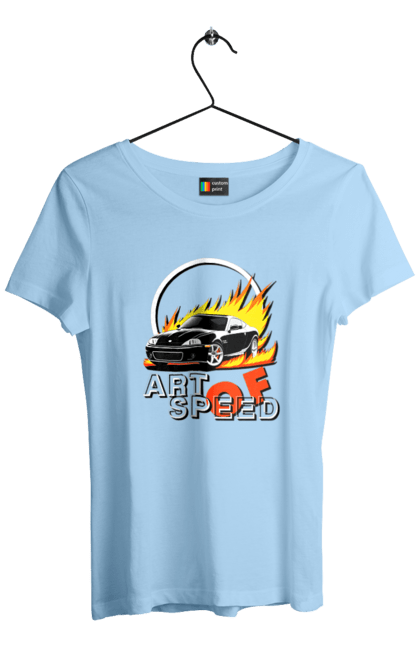Футболка жіноча з принтом "Автомобіль у вогні". Авто, автомобіль у вогні, гонка, дрейф, спорт, спортивна машина, швидкість. 2070702