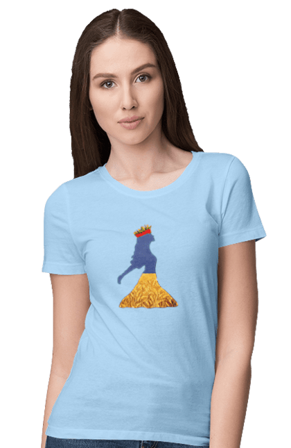 Women`s t-shirt with prints Ukraine. Girl, national colors, poppies, sky, wheat field, wreath, yellow blue. 2070702