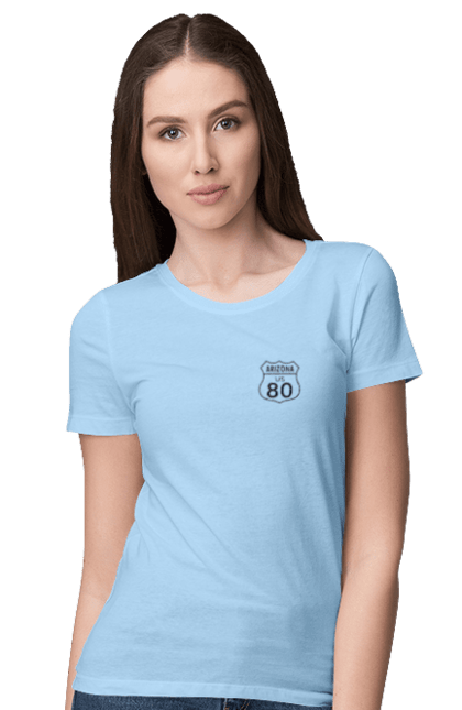 Women`s t-shirt with prints Route 80. Bike, biker, biker club, bikers club, brother, brutal, dude, hot asphalt, hot horse, hot rod, motorcycle, motorcyclist, real man, road 50, road 66, road 80, roads of america, roads of ukraine, roads we choose, speed, take, thirst for speed. 2070702