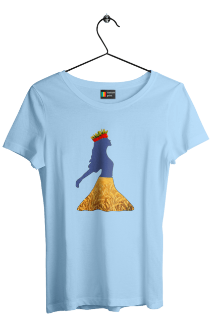 Women`s t-shirt with prints Ukraine. Girl, national colors, poppies, sky, wheat field, wreath, yellow blue. 2070702
