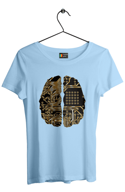 Футболка жіноча з принтом "Мозок Айті". Айті, айтішник, гик, знання, золотий, золото, інженер, кібер, кібернетика, кіборг, код, комп, кристал, мікросхема, мозок, програміст, професіонал, професія, розробник, розум, чіп. 2070702