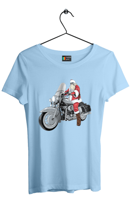 Футболка женская с принтом Санта На Мотоцикле. Мотоцикл, новый год, праздник, санта. 2070702