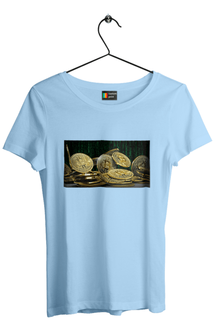 Футболка жіноча з принтом "Біткойн". Багатство, біткойн, валюта, гроші, криптовалюта, курс, майнінг, матриця, монета, розкіш, цифровий світ. 2070702