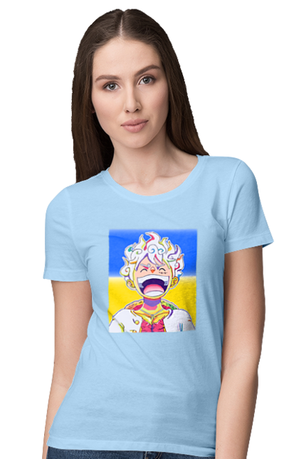 Women`s t-shirt with prints Monkey D Luffy laughing on a yellow blue background. Flag of ukraine, luffy, monkey d luffy, one piece, symbol of ukraine, ukraine. 2070702