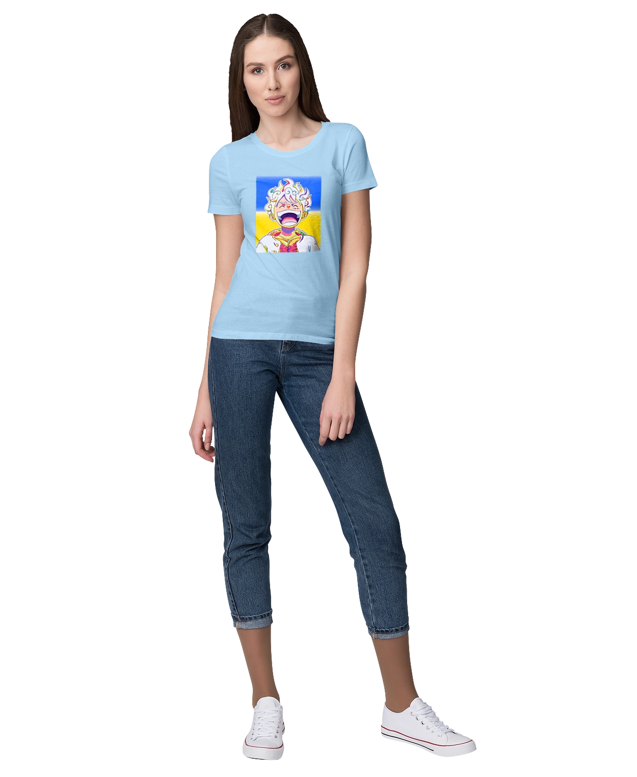 Monkey D Luffy laughing on a yellow blue background