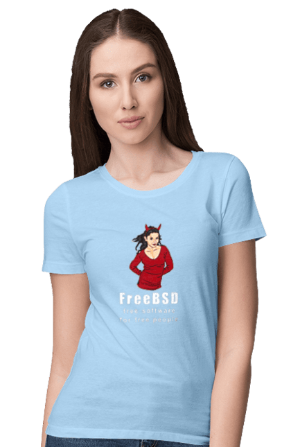 Футболка жіноча з принтом "Freebsd Для Вільних". Bsd, freebsd, unix, адміністратор, айті, айтішник, безкоштовна, безкоштовно, бестія, білий, вільна, демон, демонесса, доступність, незалежність, операційна система, ос, програміст, програмне забезпечення, свобода, сисадмін, система, системний адміністратор, софт, текст, червоний. 2070702