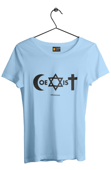 Футболка жіноча з принтом "Coexist". Coexist, іслам, іудаїзм, міжрелігійний діалог, релігія, рівність, символи віри, толерантність, християнство. 2070702