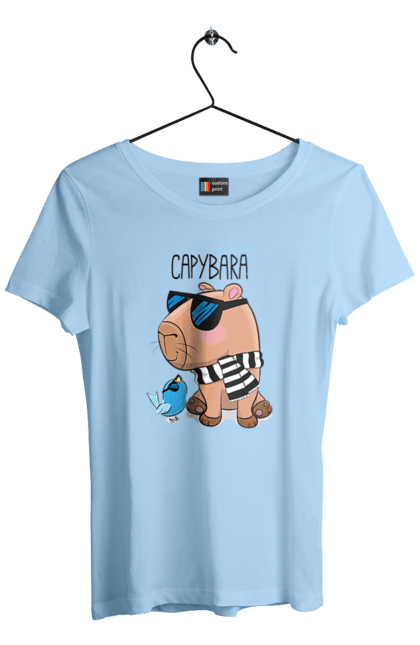 Women`s t-shirt with prints Stylish Capybara. Animal, bird, capybara, fashionable capybara, glasses, mood, striped scarf, stylish capybara, sunglasses. 2070702