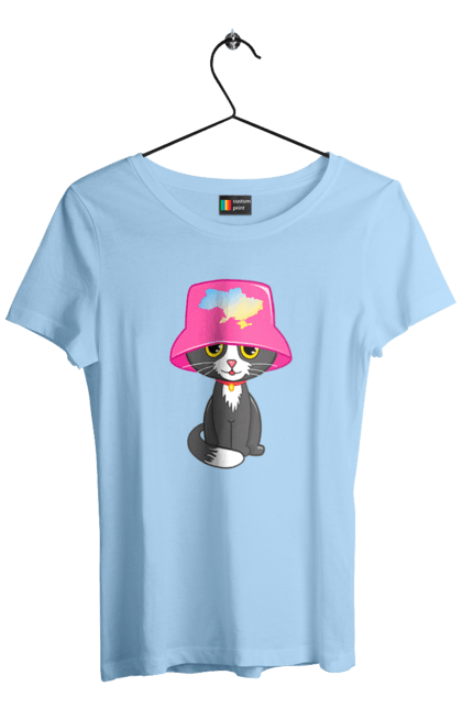 Women`s t-shirt with prints Cat with a map of Ukraine. Cat, eurovision, galoshes, music, panama galosh, symbol of ukraine, ukraine. 2070702